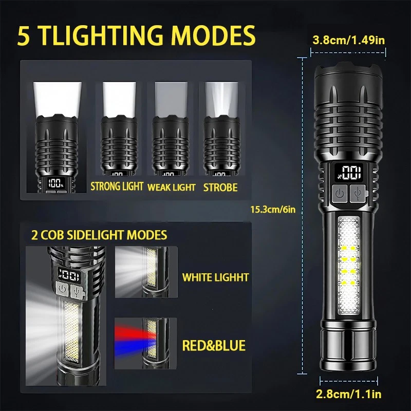 990000000 Lumen Super Bright LED Flashlight Rechargeable Tactical LED Work Light - Image 3 of 4