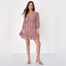Lulus Parkside Mauve Multi Print Half-Sleeve V-Neck Mini Dress size Small
