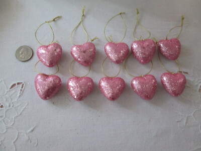 Pkg of 10-Miniature 1'' Pink Glitter Heart Valentines Day Ornaments NEW  