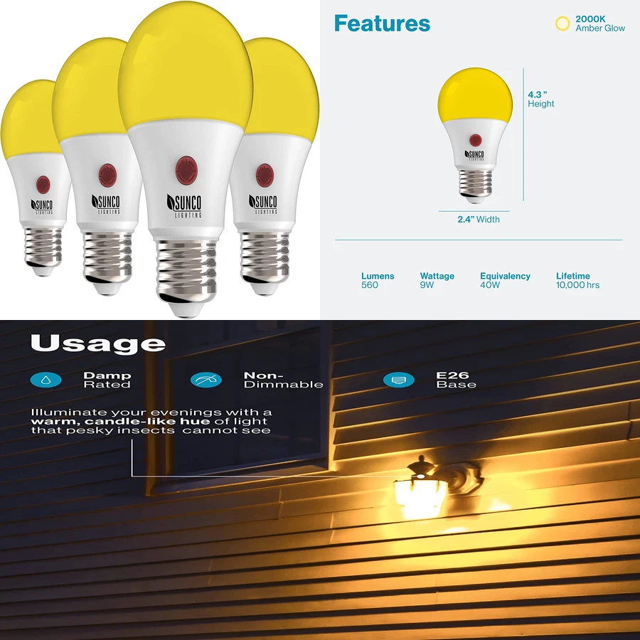 4 Pack of A19 Yellow Dusk to Dawn LED Bug Repellent Light Bulbs Outdoor 9W Pho