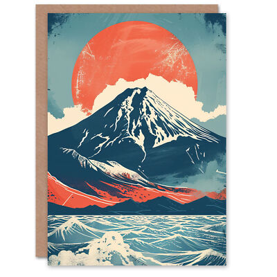 Berg Fuji Sonne japanisches auffälliges Kunstwerk blau orange Grußkarte Geburtstag Ihn Sie