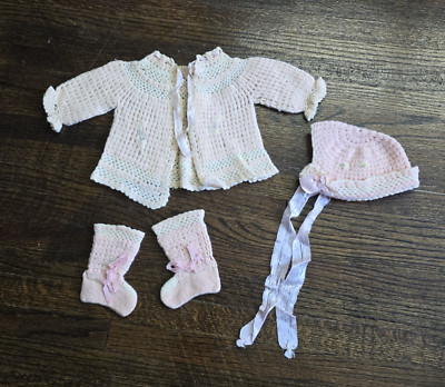 Antique Crocheted Infant Layette Set Pink Cardigan Hat Socks Baby Shower Gift