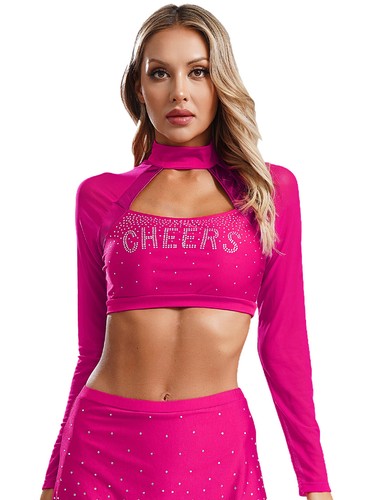 Women Cheer Uniform Tops Night Club Crop Top Rhinestone Cheerleader Costume - Picture 42 of 87