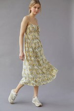 UO Nicolette Smocked Buttermilk & Blue Floral Midi Dress Urban Outfitters New XS