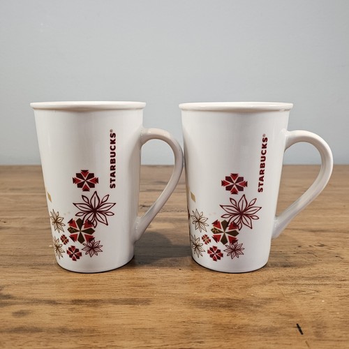 Starbucks Pair Tall Christmas Coffee Latte Mugs 2013 Red Gold Snowflakes 12oz