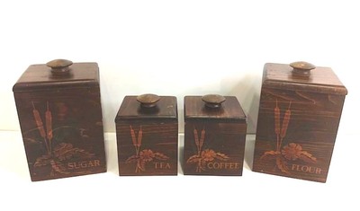 4 Wood Canister Set Sugar Flour Coffee Tea Coffee Early 1940 Grannycore