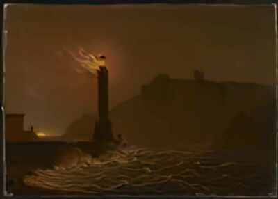 Joseph Wright Foto A4 Ein Leuchtturm brennt bei Nacht