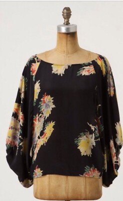Lil First Hints Floral Print Blouse Size 4 Black Multi Silk Anthropologie