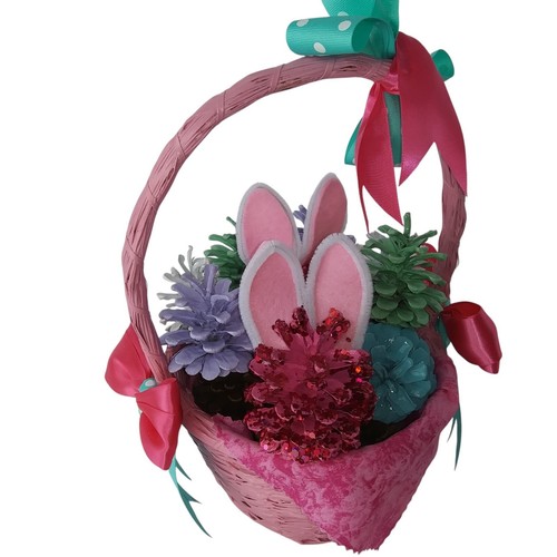Easter Decorative Basket with Pink Bunny Ears, Pinecones and Polka Dot Bow, Pink - Picture 6 of 8