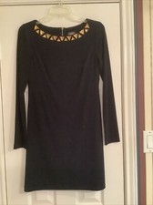 Vince Camuto 2 Black BLING Jewel Neck Dress Stretch Knit Shift Long Sleeve