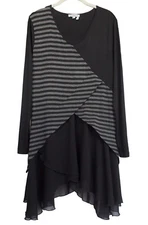 DZHAVAEL Couture Dress Tunic Sidetail Striped Black Gray Size L