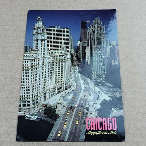 Chicago Magnificent Mile Postcard Michigan Avenue Wrigley Building Skyline Vtg