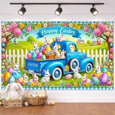 Easter Bunny Truck Banner Spring Farm Scene 71X43 Inch Cute Holiday Backdrop wit