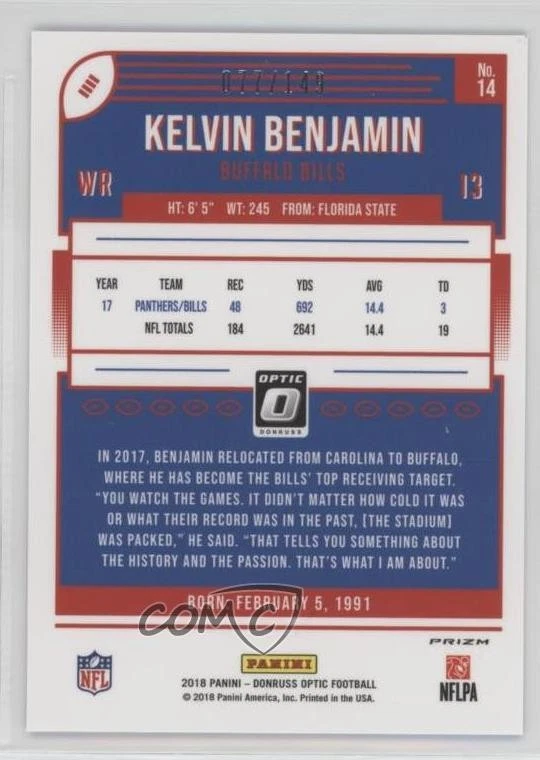 2018 Donruss Optic Blue Prizm /149 Kelvin Benjamin #14 - Image 2 of 2