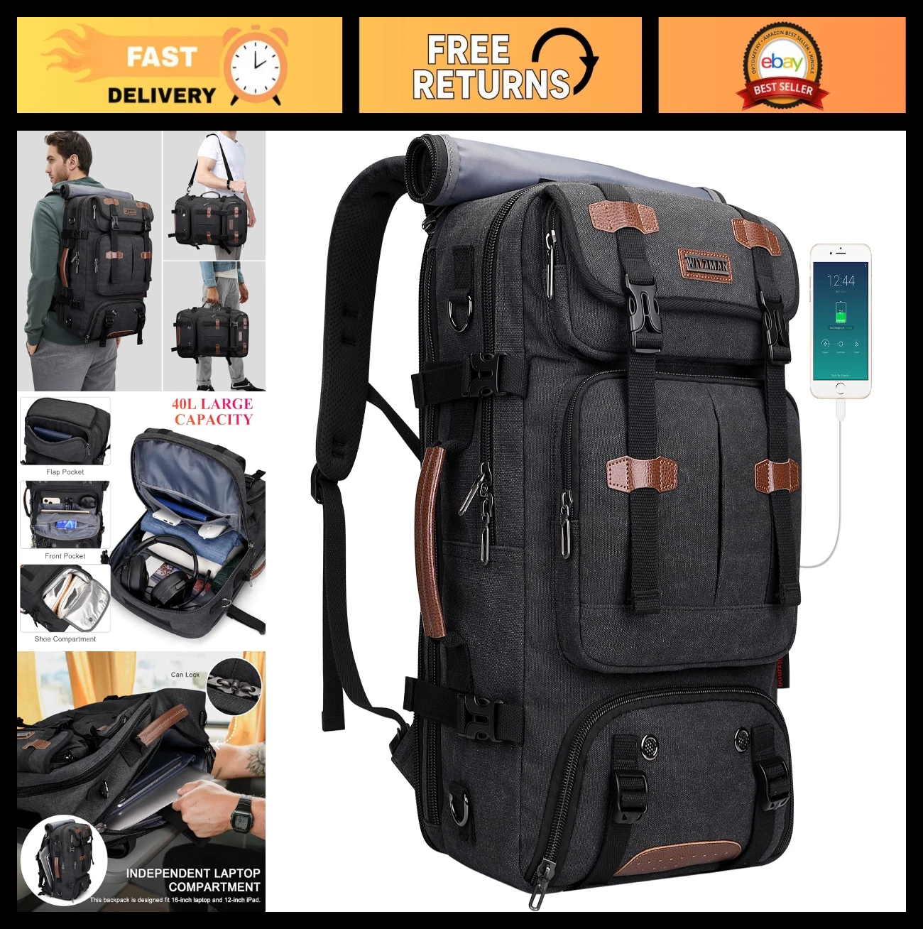 40L Travel Backpack for Men - Airline Approved Convertible 3-in-1 Laptop Bag, Fi