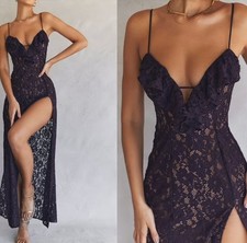 NEW House of CB Malia Night Shade Purple Lace Maxi Dress Slit Glam Ruffle S