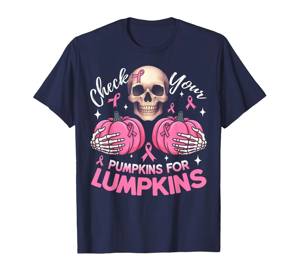 Camiseta Check Your Pumpkins concientización sobre el cáncer de mama Halloween para mujer Foto 2 de 4