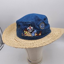 Vintage 90s Looney Tunes Denim Straw Sun Hat One Size Tweety Mom USA Acme 1991
