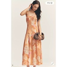 Farm Rio Anthropologie Orange Linen Blend Strapless Drop-Waist Maxi Dress NWT L