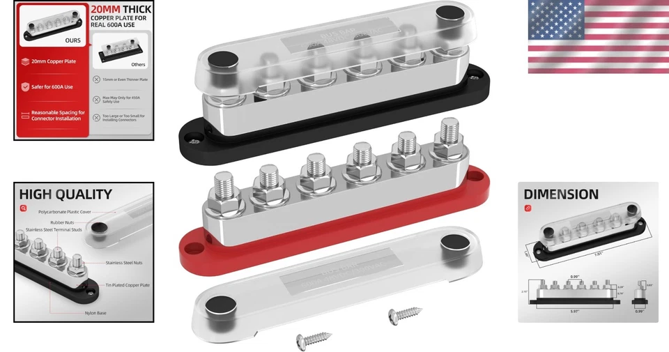 Heavy-Duty 600A Marine Bus Bar with 6 Terminal Studs, Perfect for Solar & Boats - Image 2 of 4