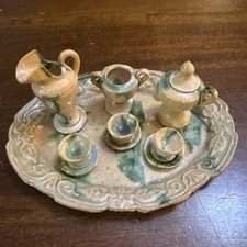 Mexican Mini Tea Set Tonal Pottery Child Doll Size Vintage 11 Piece Cups Teapot