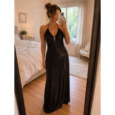 Savage X Fenty Chain Reaction Maxi Slip Dress Black Metallic Keyhole Gown L Y6