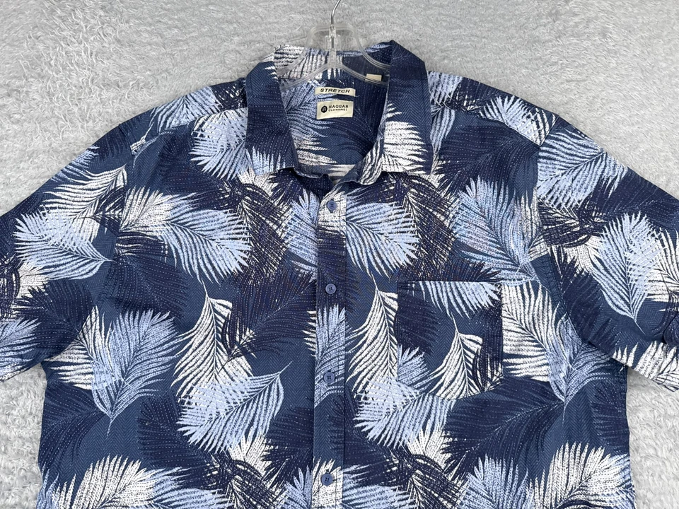 Camisa Haggar Adulto 2XL XXL Azul 100% Algodón Abotonada Hoja Elastizada Hawaiana Foto 4 de 4
