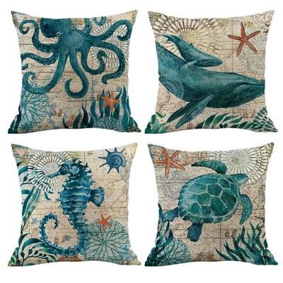 Coastal Decorative Throw Pillow Covers, 18x18 Inch, Set of 4, Ocean Theme