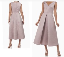 NWT Kay Unger Claire Tea Length V Neck Inverted Pleat Rose Pink Tan Sz 8 