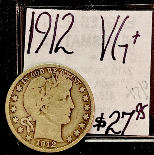 1912 Barber Silver Half Dollar (VG+) Very Good + Condition ENN Coin & Cards