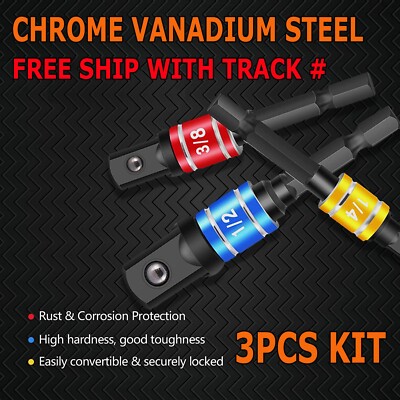 3pcs Socket Adapter Set Hex Shank to 1/4'' 3/8'' 1/2'' Impact DRIVER GRADE Drill 