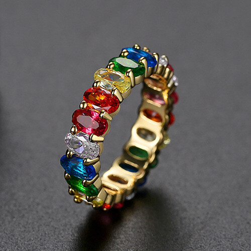Women Copper Inlaid Colorful Zircon Ring Simple Fashion Gold-plated Jewelry Gift - Picture 12 of 14