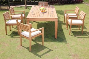 DSMT Grade-A Teak Wood 7pc Dining 122 Caranas Rectangle Table 6 Arm Chair Set