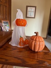 Glow Plastic Ghost with Glass Candle Burning Pumpkin