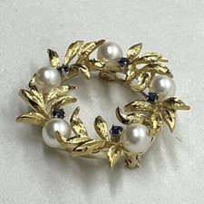 Vintage 18K Gelbgold Meerperl Blau Saphir Kranz Anhänger Brosche Nadel 12,2G