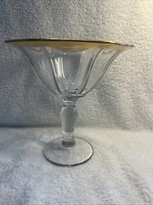 VTG PEDESTAL BOWL Compote GOLD RIM FOOTED OPTIC RIB COMPOTE MCM GILDED
