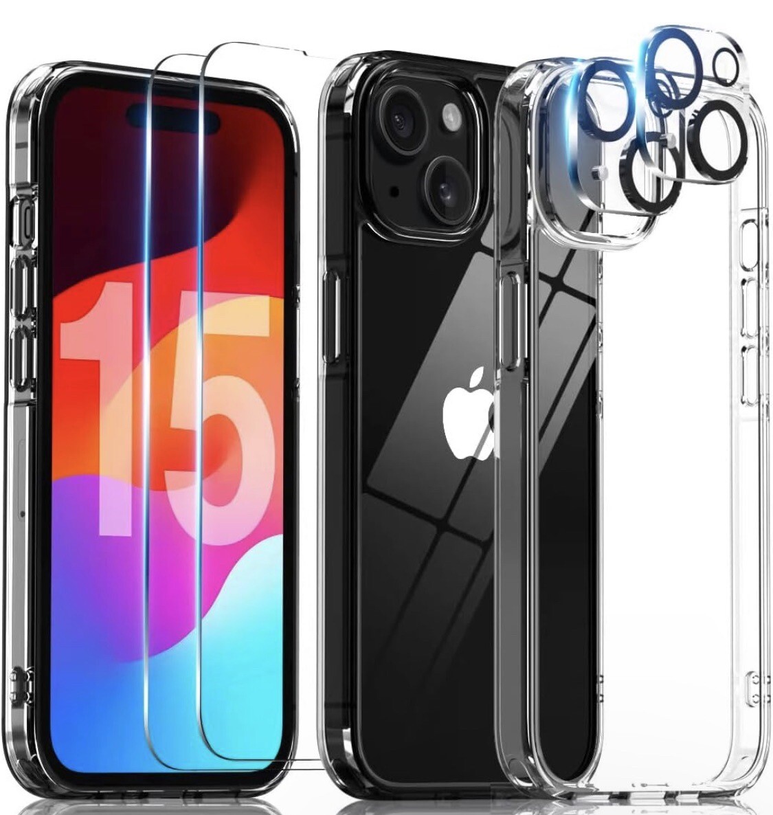 Aven 5 in 1 iPhone 15 Case, 2 Tempered Glass Screen Protector+2 Lens protector-image