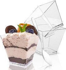 50 Pack 3.5 Oz Plastic Mini Square Dessert Cups with Spoons,Plastic Parfait, Bx8