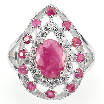 ECHT EDELSTEIN TOP ROT ROSA RUBIN SOLITÄR, W CZ AKZENTE STERLING 925 SILBER RING 6