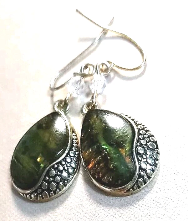 Vintage Earrings Gold Tone Green Abalone Teardrop Dangle Kenneth Cole Signed - Image 2 of 4