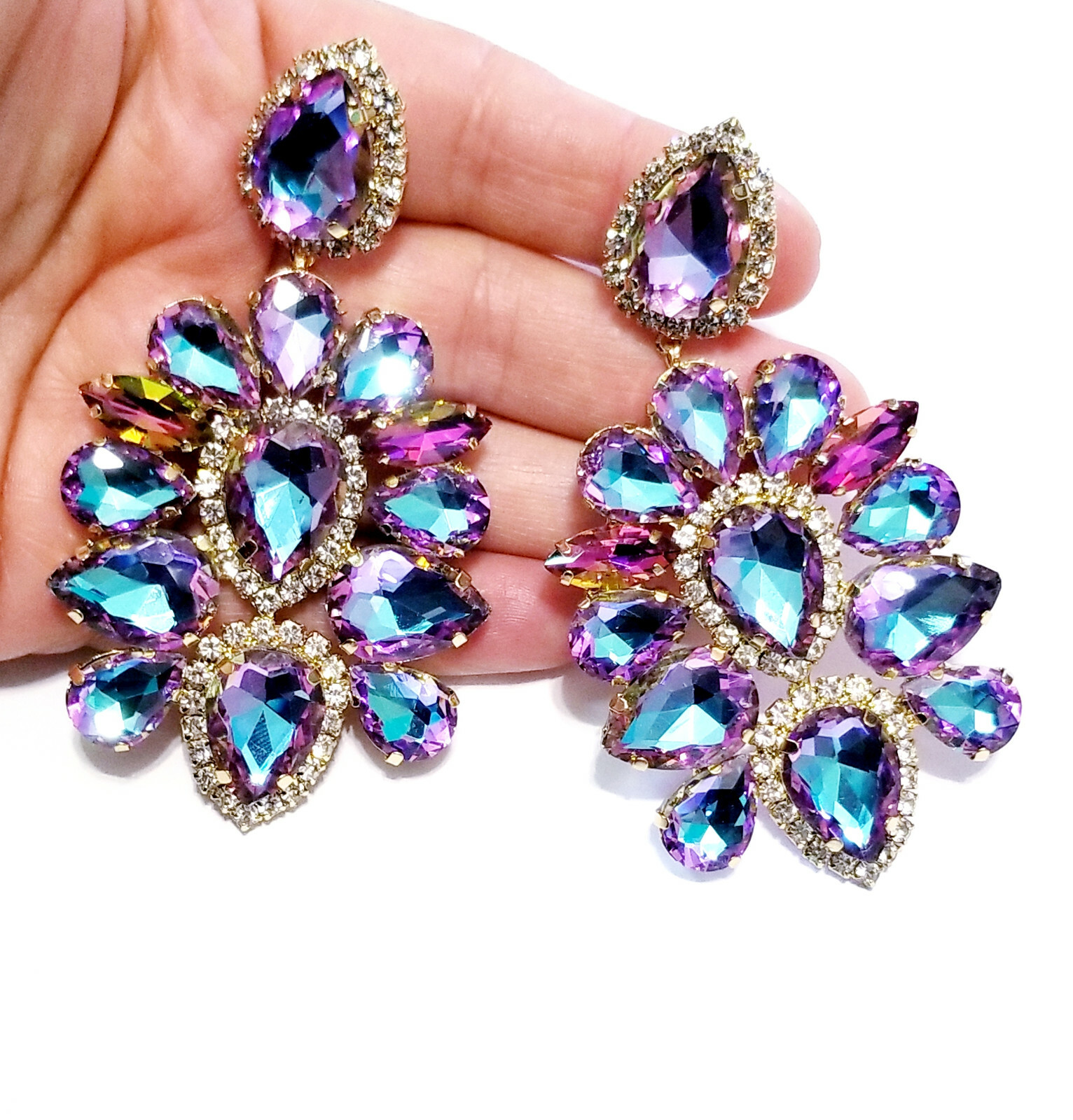 Pendientes CLIP ON Estrás Cristal Grande Púrpura Vitrail Gota Araña 3.6 pulgadas