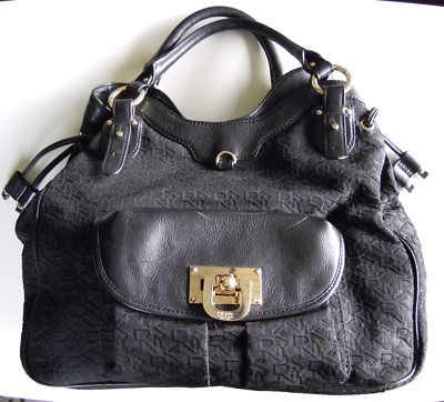 Donna Karan DKNY Monogram Black Canvas & Leather Trimmed Hand / Shoulder Bag 