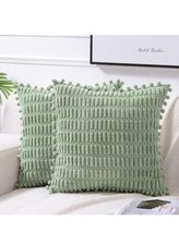 2 Packs Sage Green Decorative Throw Pillow Covers 16x16 Inch with Pom Pom Fringe