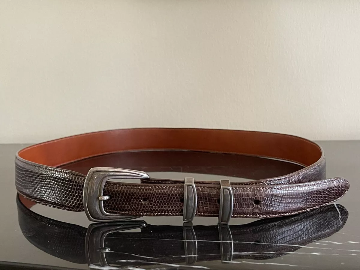 Vintage Genuine Lizard Leather Men Belt with Greg Jensen Sterling Silver Buckle