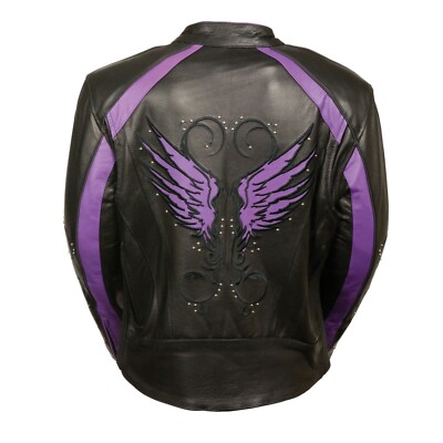 Women's Black Leather Biker Jacket w/ Black or Purple Wing Design