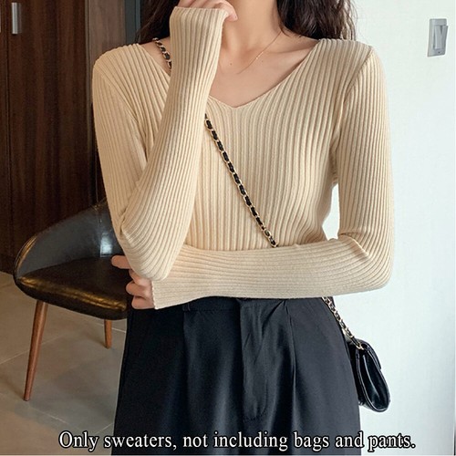 Basic Ribbed V Neck Sweater Long Sleeve Jumper Knitted Tops Pullover Slim Fit - Picture 20 of 30