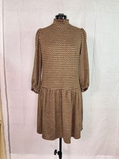 52 Seven Brown Geometric Hacci Sweater Dress Women's Sz S Drop Waist Midi D208
