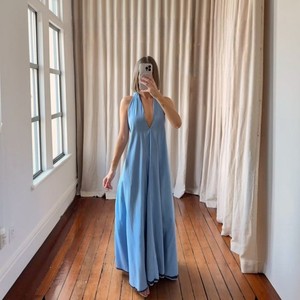 blue ombre long dress Royal Flutter Sleeve Tiered Formal Length:Petite NA-08.08.25AM Meri Vintage Y2K Blue tie cami straps