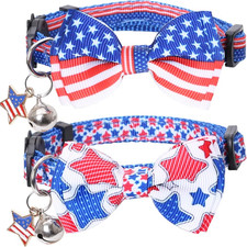 American Flag Cat Collar with Bell Bow Tie Star Breakaway Adjustable for 4th of