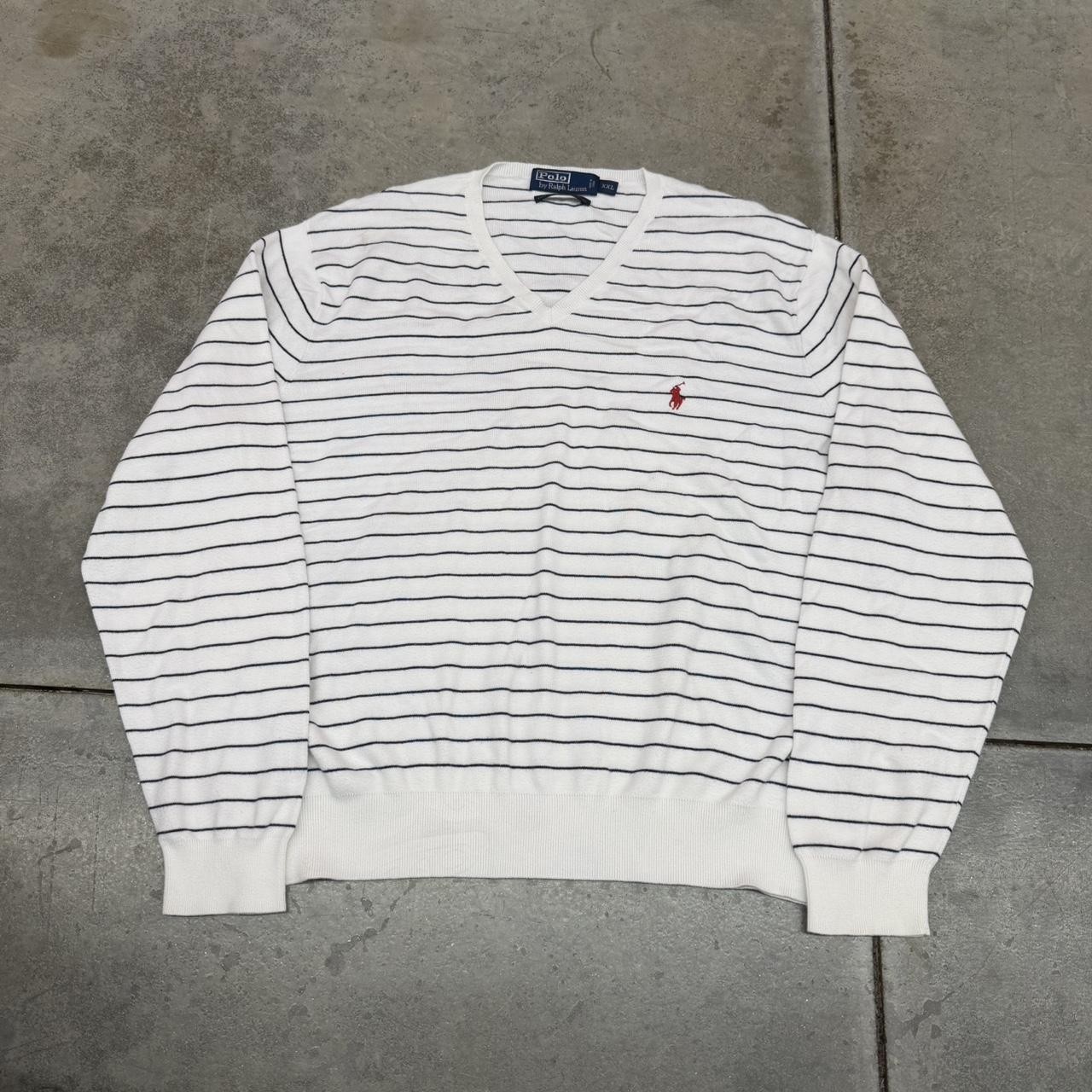 vintage polo ralph lauren white and black striped v neck sweater size xxl
